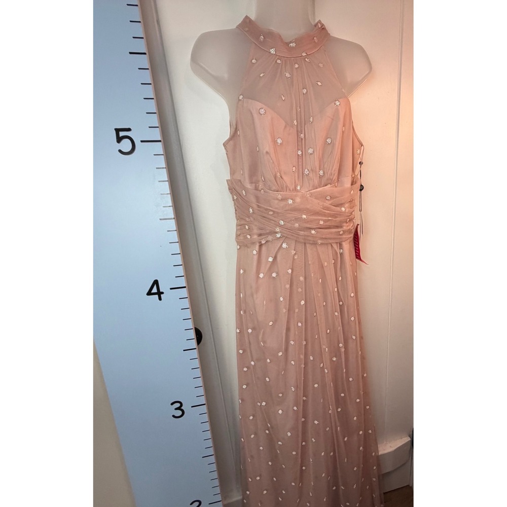 Adrianna Papell Pink Mello Blush Halter Glitter Mesh Gown Maxi Dress 8 Fairy NEW